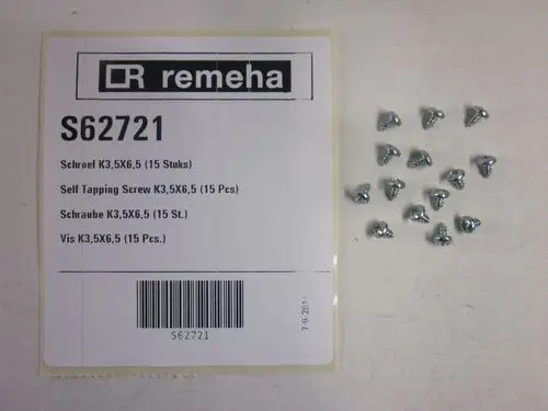 Selbstschrauben in metallischer Ausführung, passend für verschiedene Anwendungen, auf einem Produktetikett der Marke Remeha abgebildet.